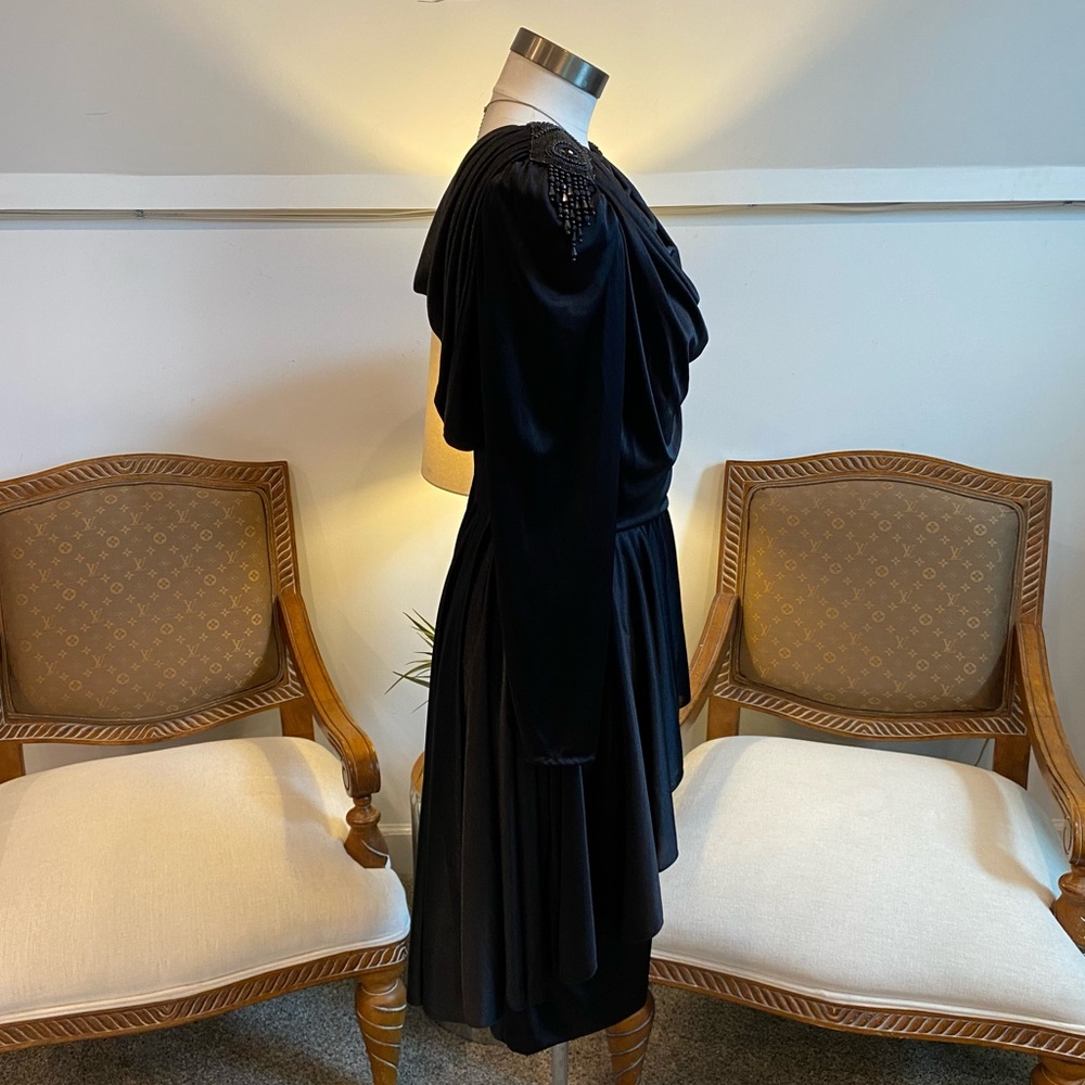 Vintage 80s Women's Elegant Black Draped Dress with Beaded Details by Abby Kent - Picture 5 of 11
